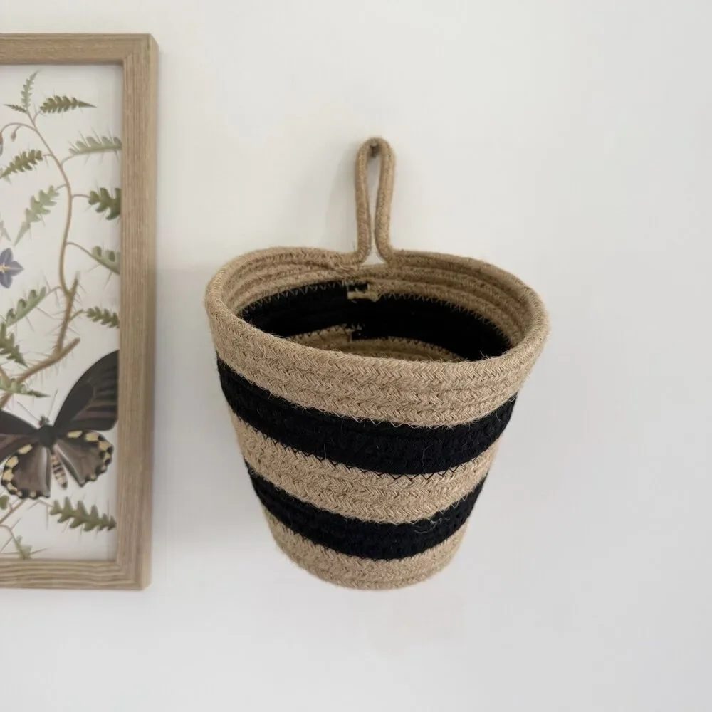 Jute Woven Storage Basket Black Stripe Natural Farmhouse Boho Home Decor